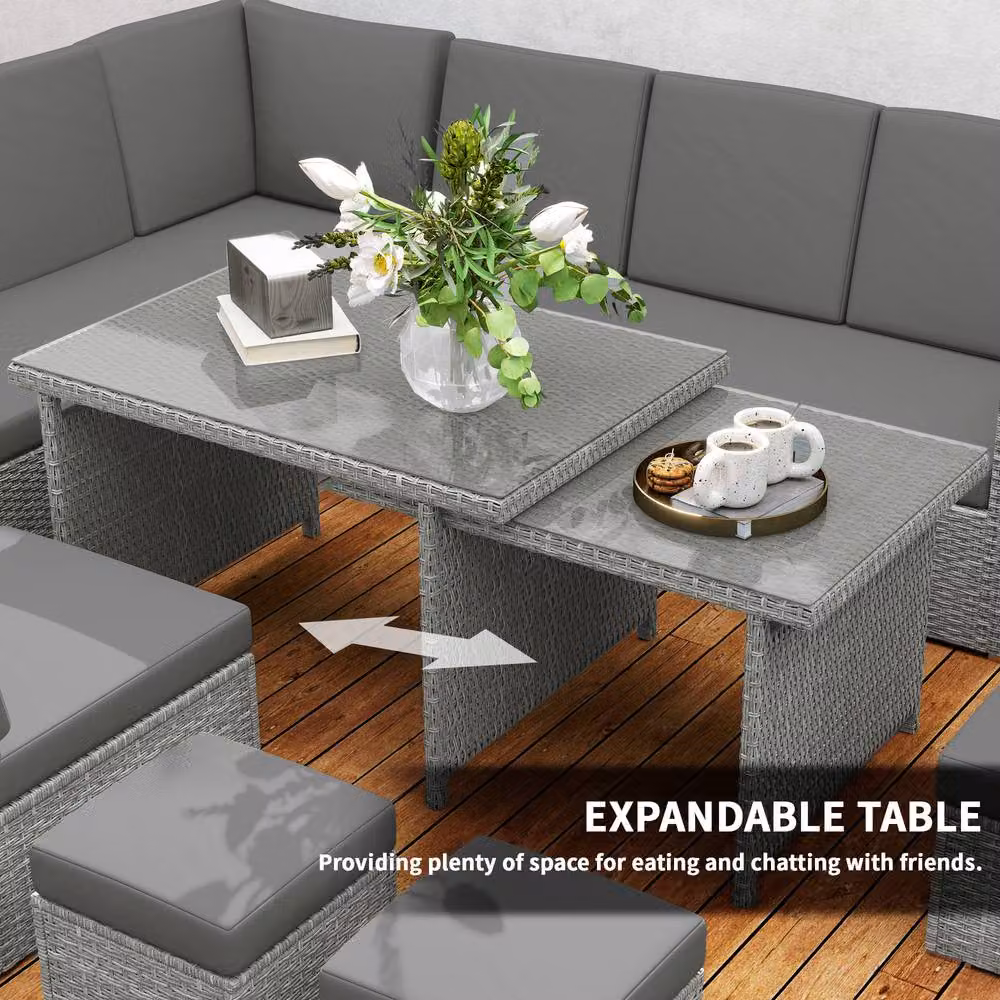 STILVORA 10-Seater Sofa Set with Expandable Glass Table and Rattan Details in Grey – 2