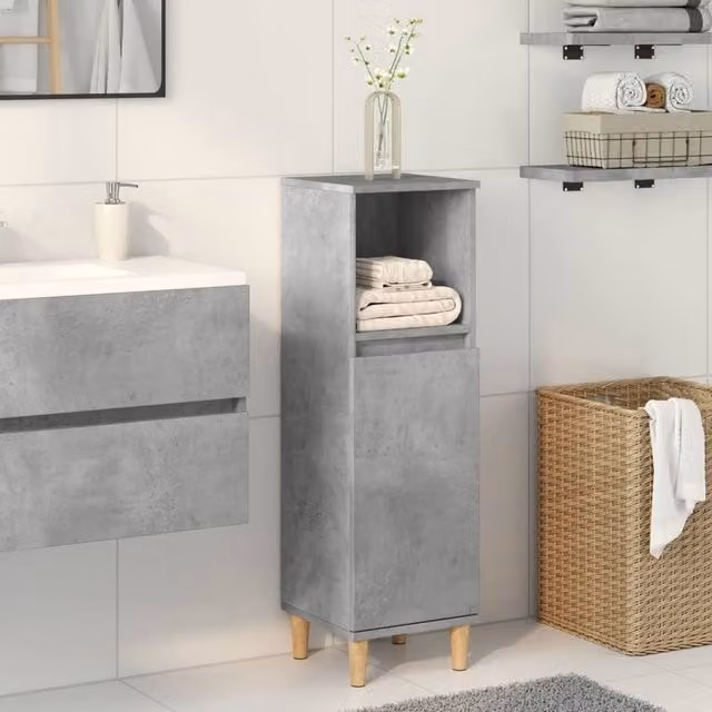 Berkfield Home Grey Bathroom Cabinet with Hinged Doors and Open Shelf, W/D/H: 30 x 30 x 100 cm