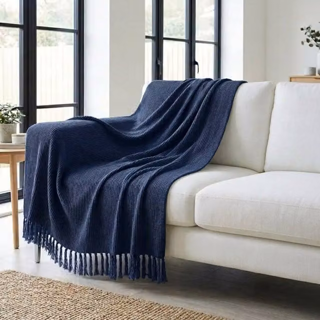 Garden Greatness Navy Blue Woven Cotton Striped Throw with Fringes W/D/H: 180 x 130 x 1 cm – 1