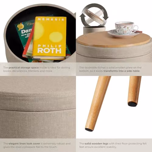tectake Yara Round Storage Stool in Sand Fabric with Beech Legs, W/D/H: 45.5 x 45.5 x 42.5 cm – 5