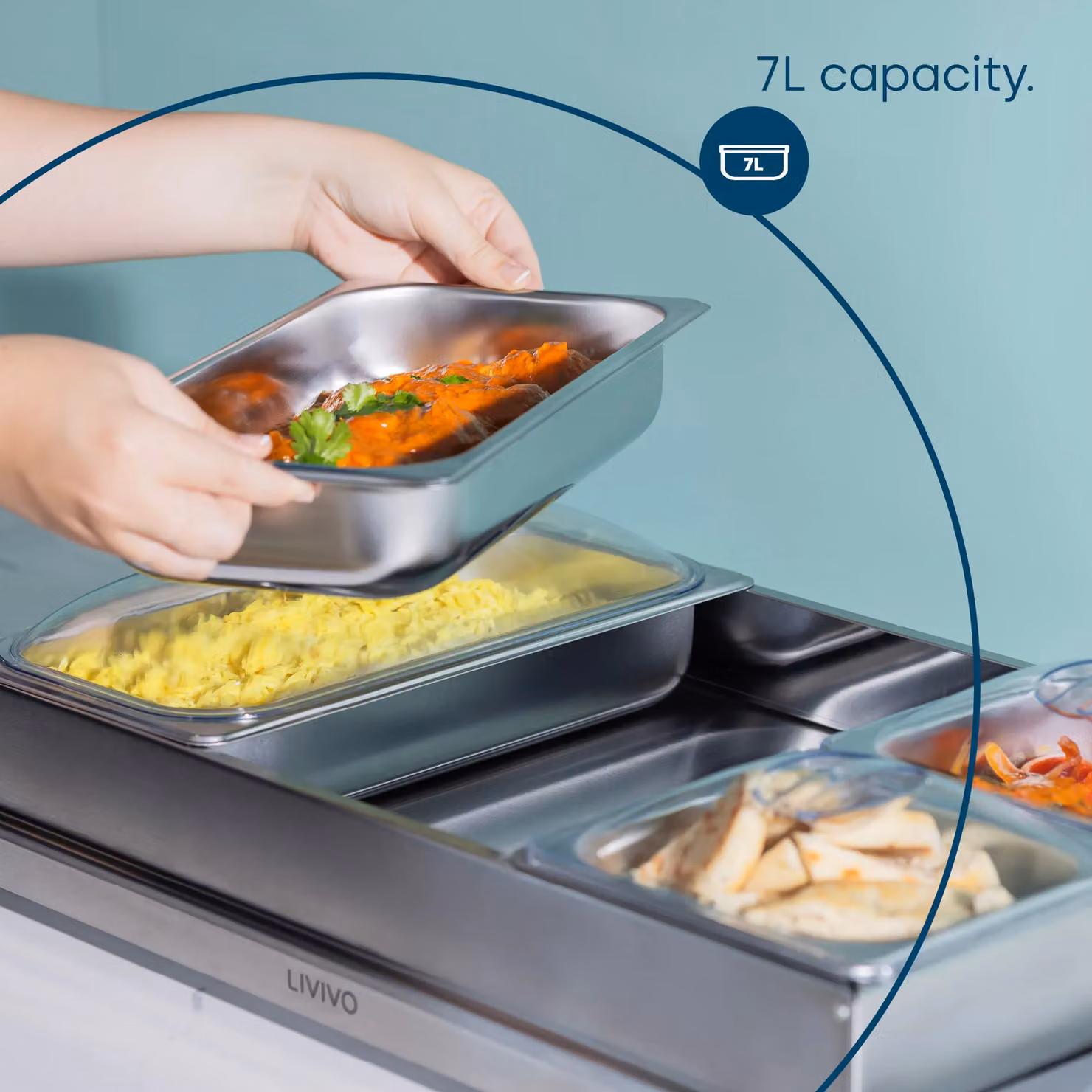 LIVIVO Electric Buffet Server and Plate Warmer with 4 Trays and Lids in Metallic Silver – 3