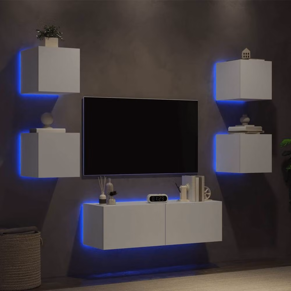 Berkfield Home 5 Piece Modern White Glossy TV Wall Cabinets with Integrated LED Lighting – 2