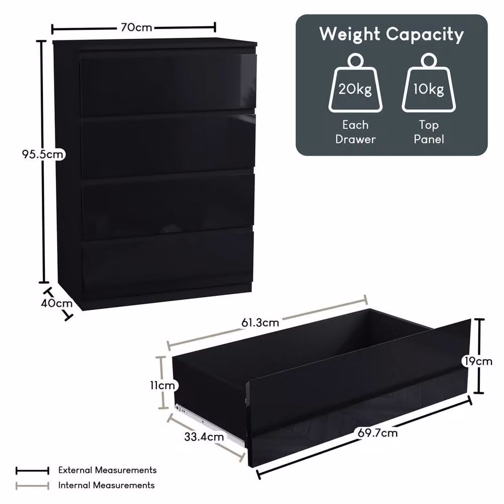Kelvenix Black Modern Gloss 4 Drawer Bedside Chest of Drawers with Soft Close Drawers – 2