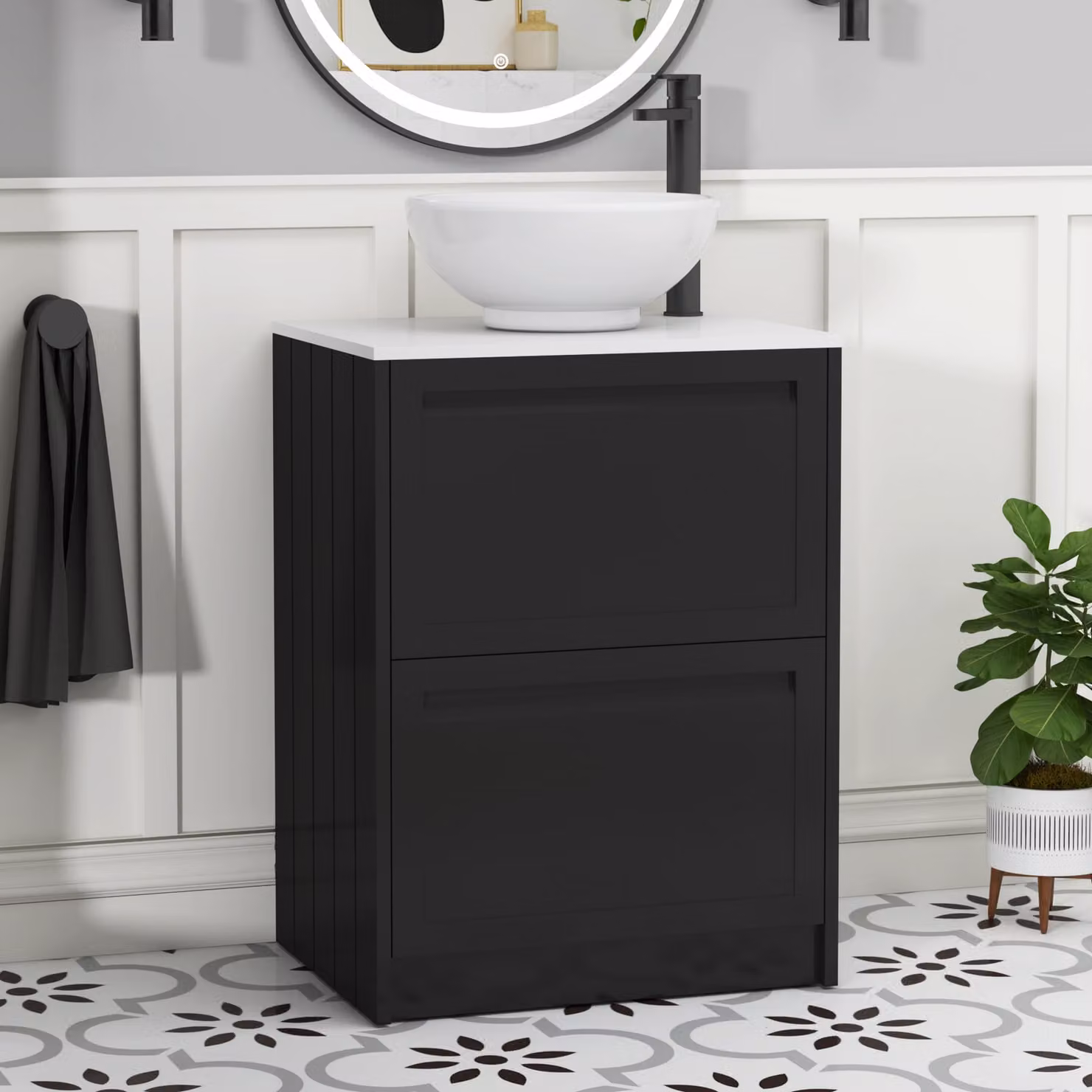 Royal Bathrooms Elmore 600mm Floor Standing Vanity Unit in Matt Nocturne Black with 2 Drawers, Plain White Worktop and Breeze Basin