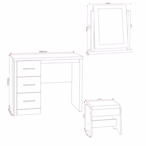 Seconique Lisbon 3 Drawer Dressing Table Set with Mirror in Black Matt Wood Grain – 3