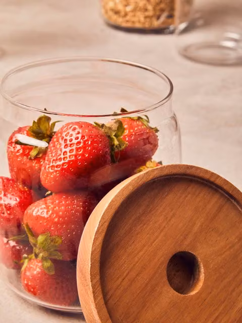 Orsina Airtight Round Glass Storage Jar with Acacia Wood Lid, Transparent, 860ml