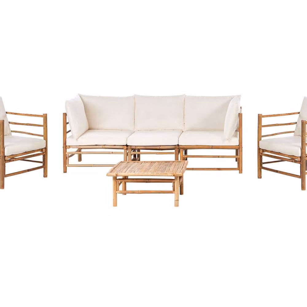 Wyld and Coco Garden Luxe Modular Bamboo Sofa Set in Brown with Off-White Cushions