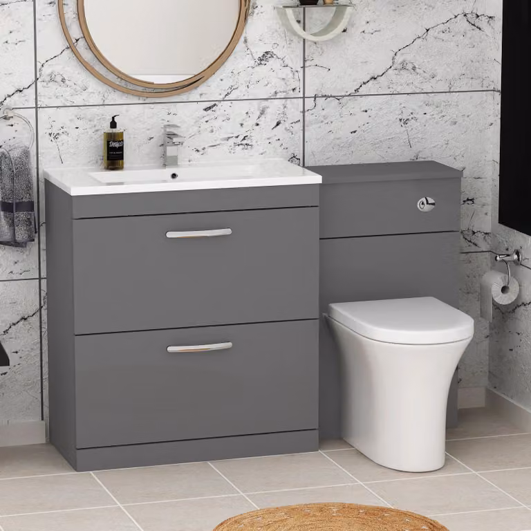 Royal Bathrooms Indigo Grey Gloss 2 Drawer Furniture Pack with Minimalist Basin and Breeze Back to Wall Toilet, Width: 130 cm