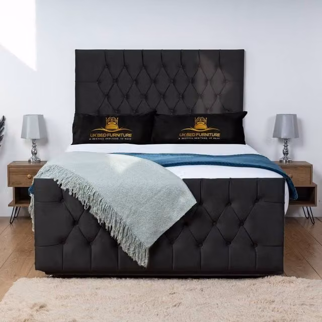 UK Bed Furniture Jublie Divan Bed Base with 26 Inch Headboard in Black, King Size, W/D/H: 180 x 200 cm