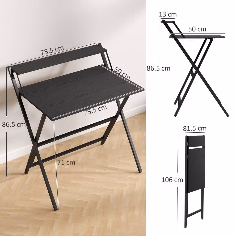 STILVORA Foldable Black Metal Desk with Monitor Shelf for Home Office – 4