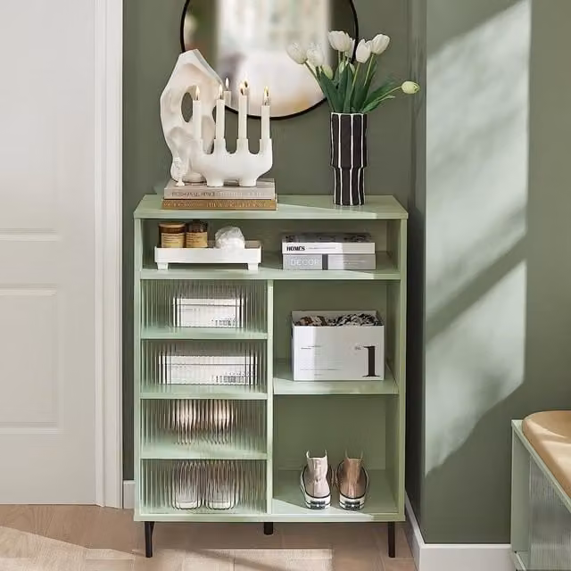 SoBuy Modern Green Freestanding Cabinet with Glass Sliding Doors and Internal Shelves