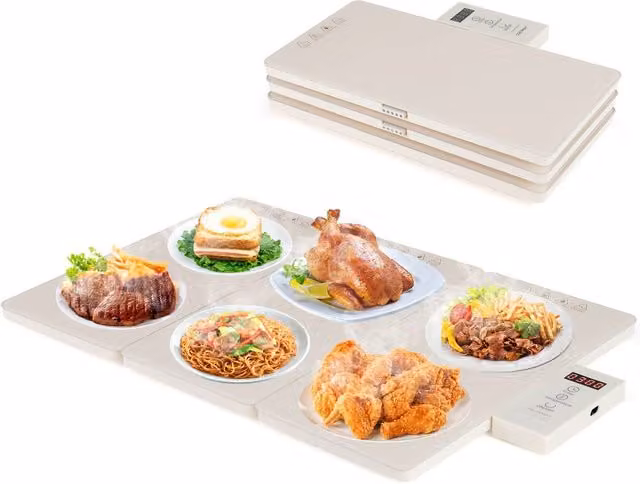 Gymax 3-Plate Electric Food Warming Tray with Timer and Thermostat in Beige – 1