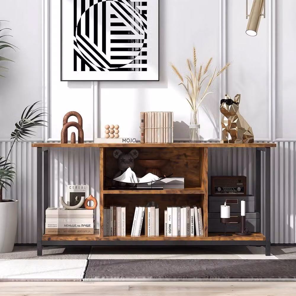 Gymax Brown 3-Tier Industrial Wood TV Stand with Power Outlet and Type-C Port – 8
