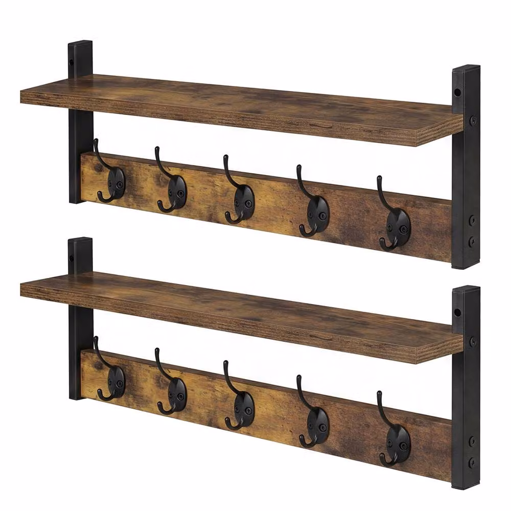 Levede 2 Pack Brown and Black Wooden Wall Mounted Coat Rack with Storage Shelf and Hooks, W: 60 cm – 2
