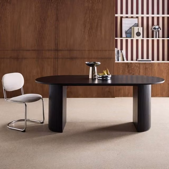 sweeek Oval Dining Table in Black Rubberwood and Oak Veneer, W: 200 cm, H: 75 cm, D: 90 cm