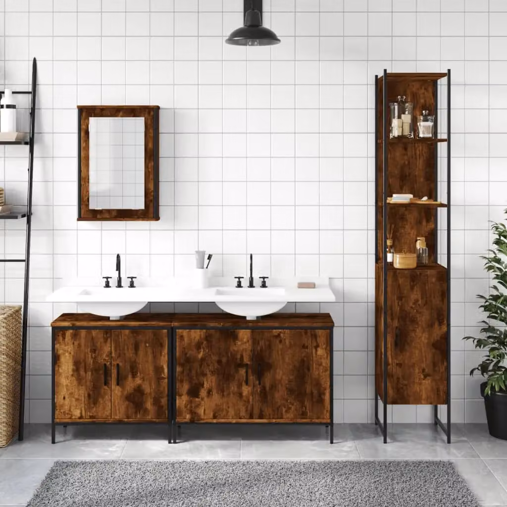 Berkfield Home 4 Piece Brown Smoked Oak Bathroom Furniture Set with Mirror Cabinet and Vanity Unit – 2