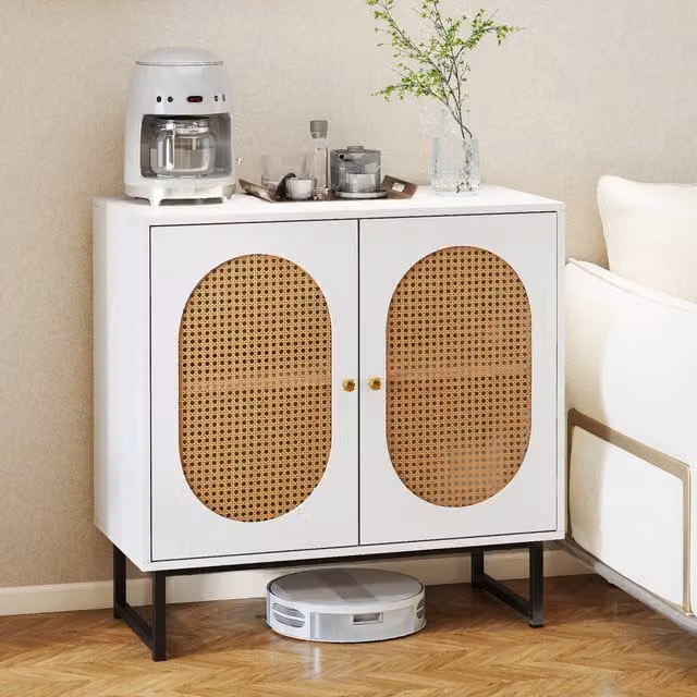 COSTWAY Boho White Buffet Cabinet with Rattan and Metal Geometric Design