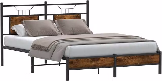 Berkfield Home Decorative Bed Frame in Smoked Oak and Brown, W/D/H: 140 x 190 x 91.5 cm