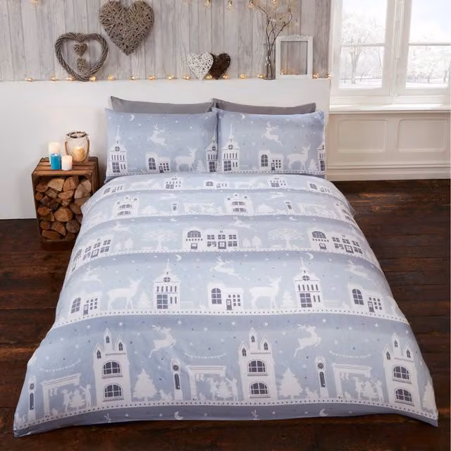 Rapport Home Reindeer Road Cotton Duvet Set with Pillowcase, Silver, Single, W: 90 cm, L: 200 cm