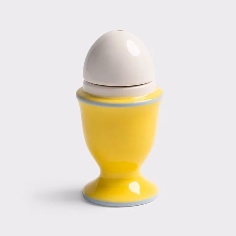 Klevering Refillable Egg Salt and Pepper Shakers in Yellow Ceramic Stoneware