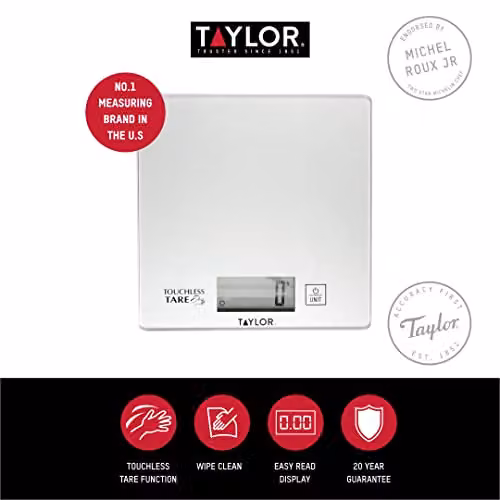Taylor Pro Digital Kitchen Scales with Touchless Tare and Unit Conversion, Silver, 5kg Capacity – 2