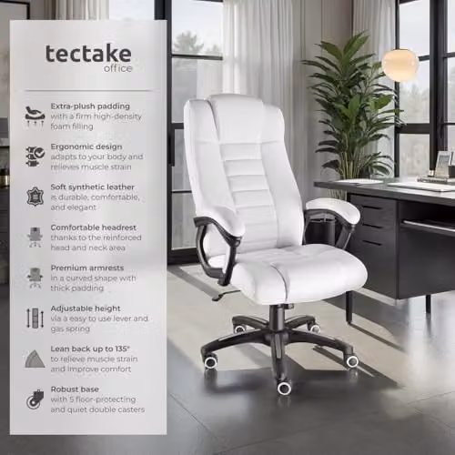 tectake Ergonomic Office Chair in White with Synthetic Leather, Headrest and 360 Degree Swivel – 2