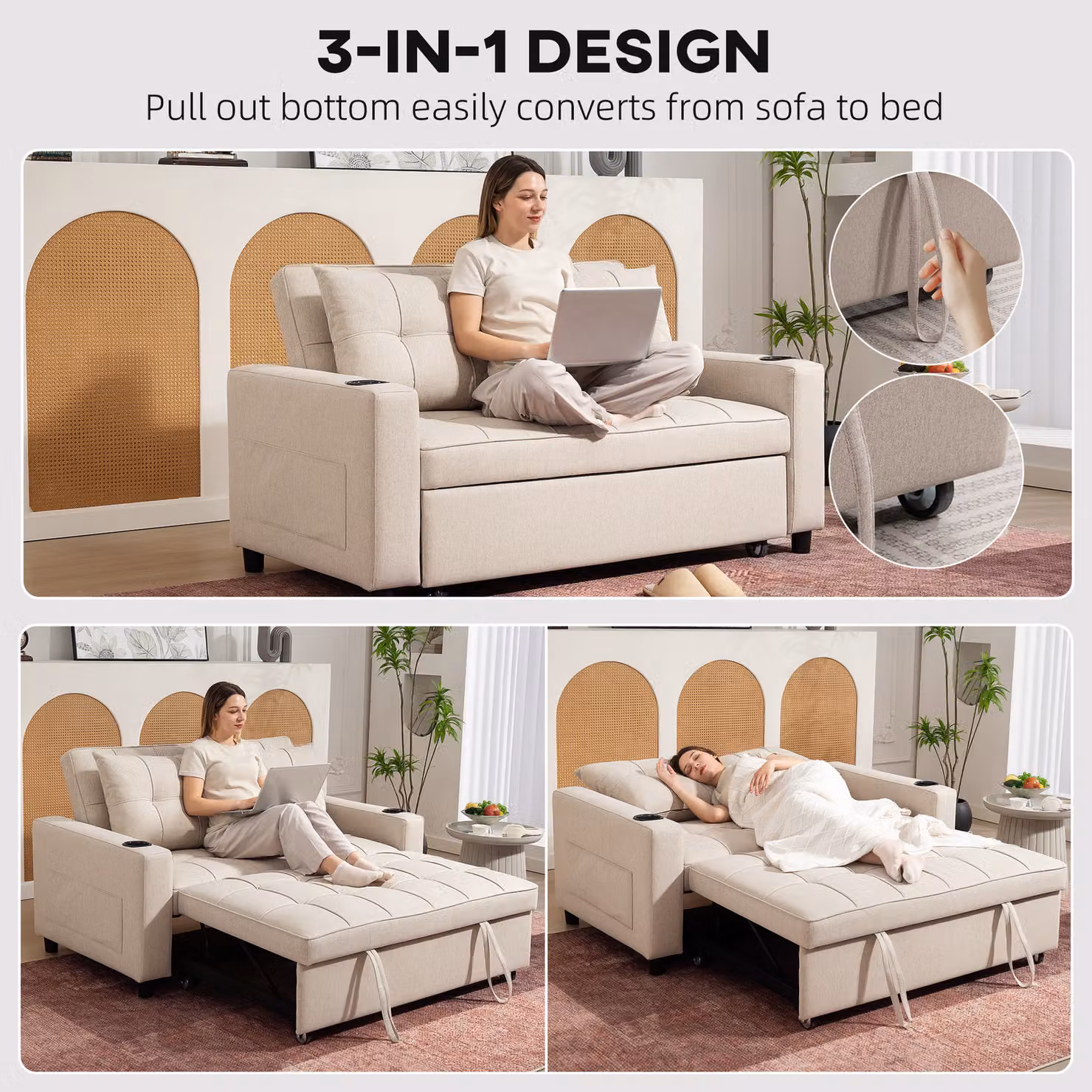 HOMCOM Two-Seater Click-Clack Pull-Out Sofa Bed with Cup Holders in Beige – 3