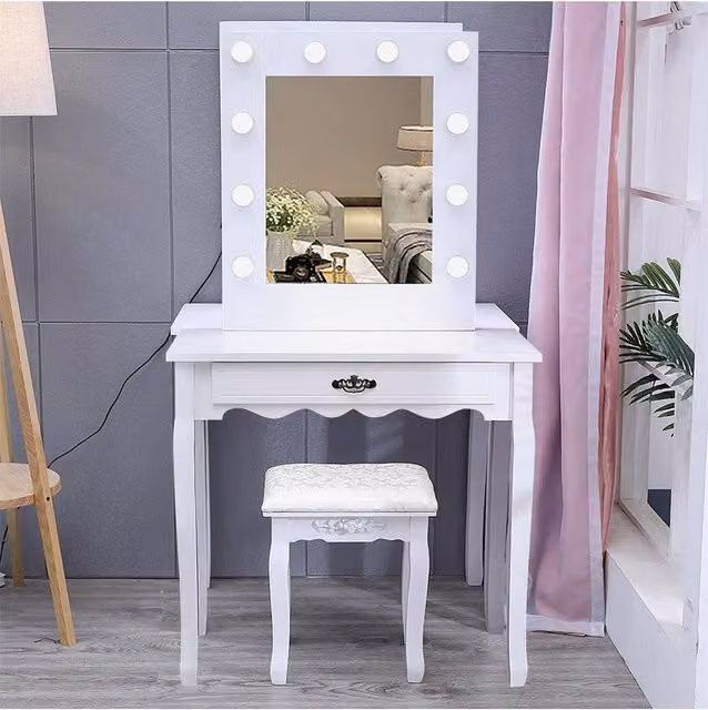 Livingandhome White Modern Hollywood LED Makeup Dressing Table with Rectangular Mirror