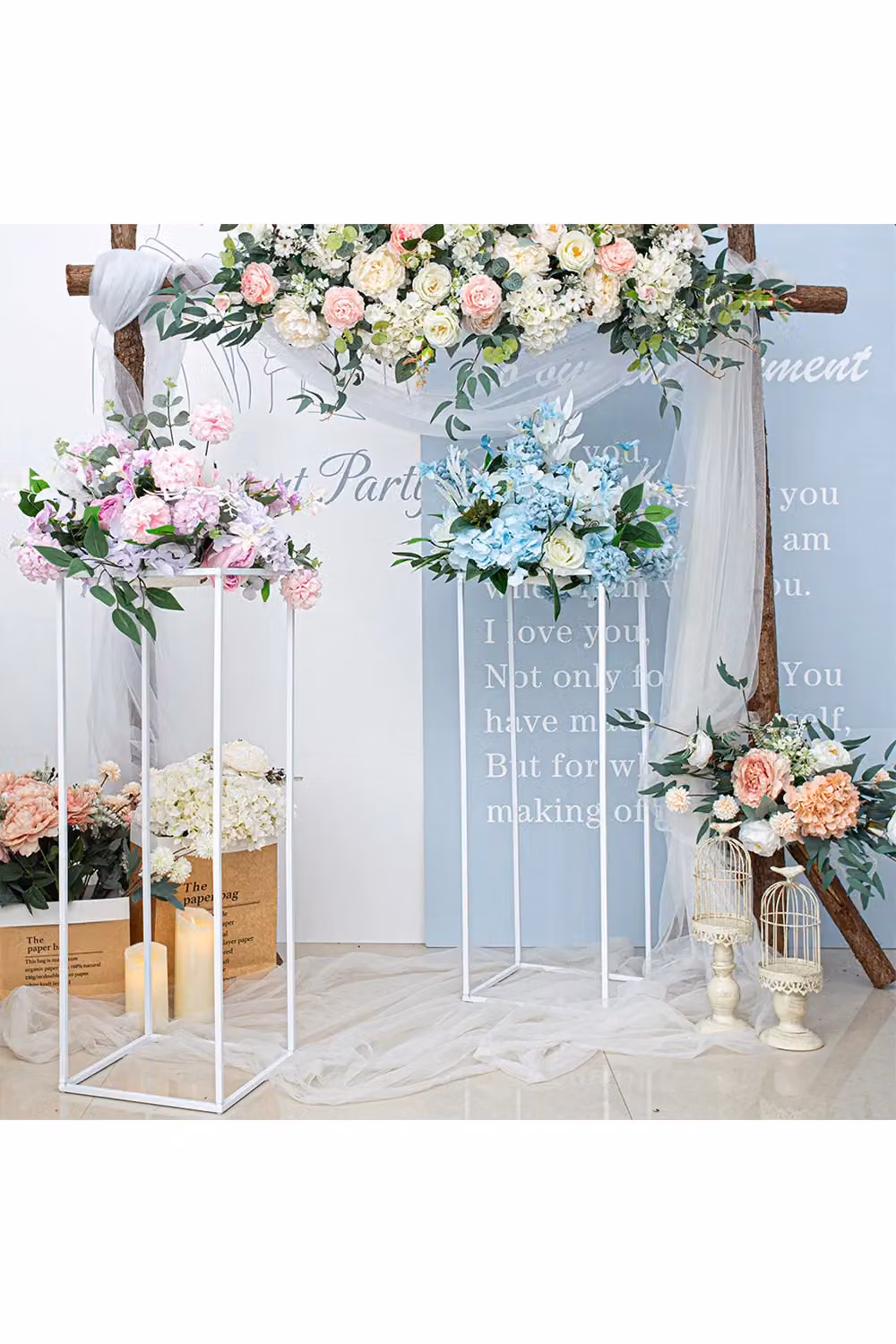 Living and Home White Metal Geometric Flower Stand, W/D/H: 27 x 27 x 80 cm – 2