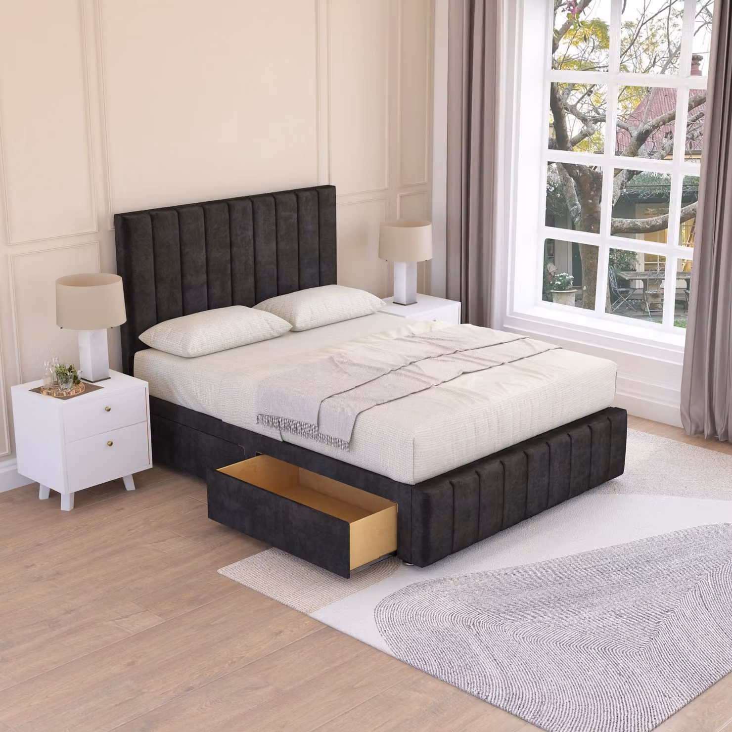 Sloomy California Divan Bed Set with 2 Drawers and Footend in Black Plush Velvet, Super King Size – 2