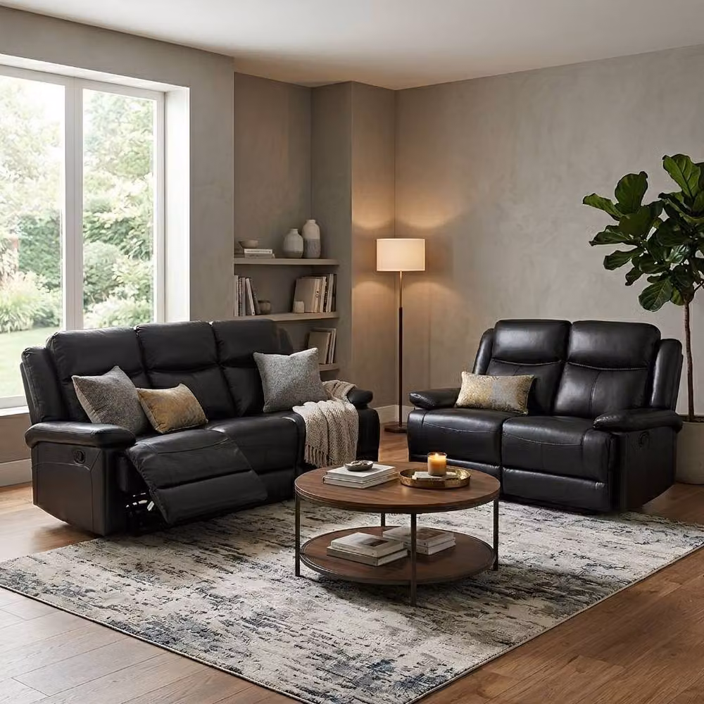 HOME LUXE INTERIOR Casper Black Leather 3 and 2 Seater Manual Recliner Sofa Set Pack – 4