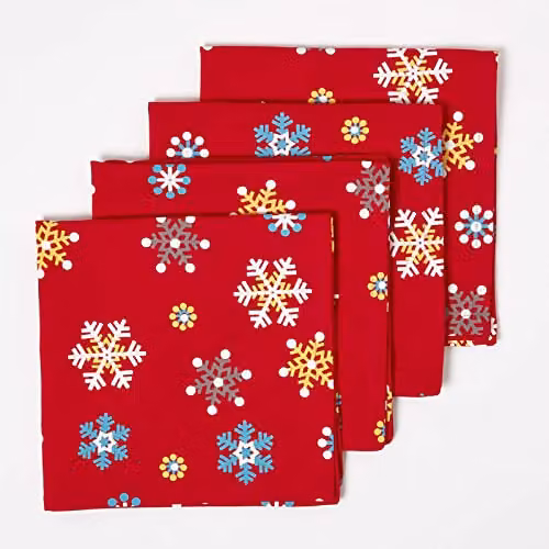 Homescapes Christmas Cotton Napkin Set of 4 in Red, White and Green – 1