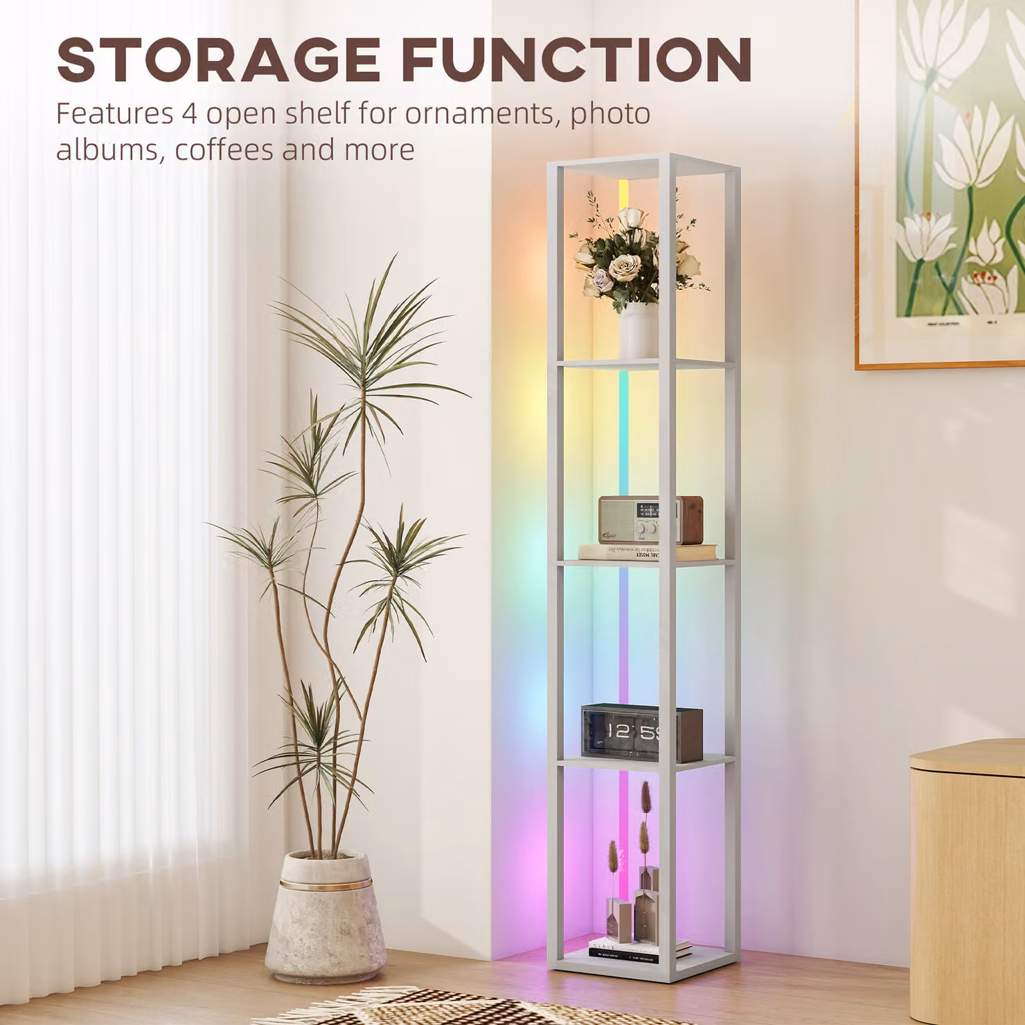 HOMCOM RGB LED Floor Lamp with Shelves, Modern Dimmable Standing Lamp with Remote Control in Grey – 3