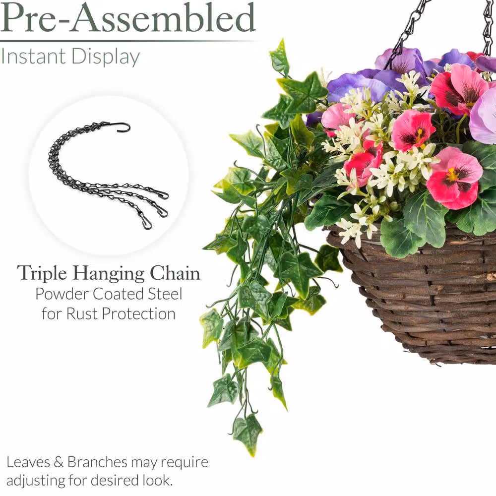 Christow Artificial Pansy Wicker Hanging Basket in Purple and Multicolour, Diameter: 25 cm – 6