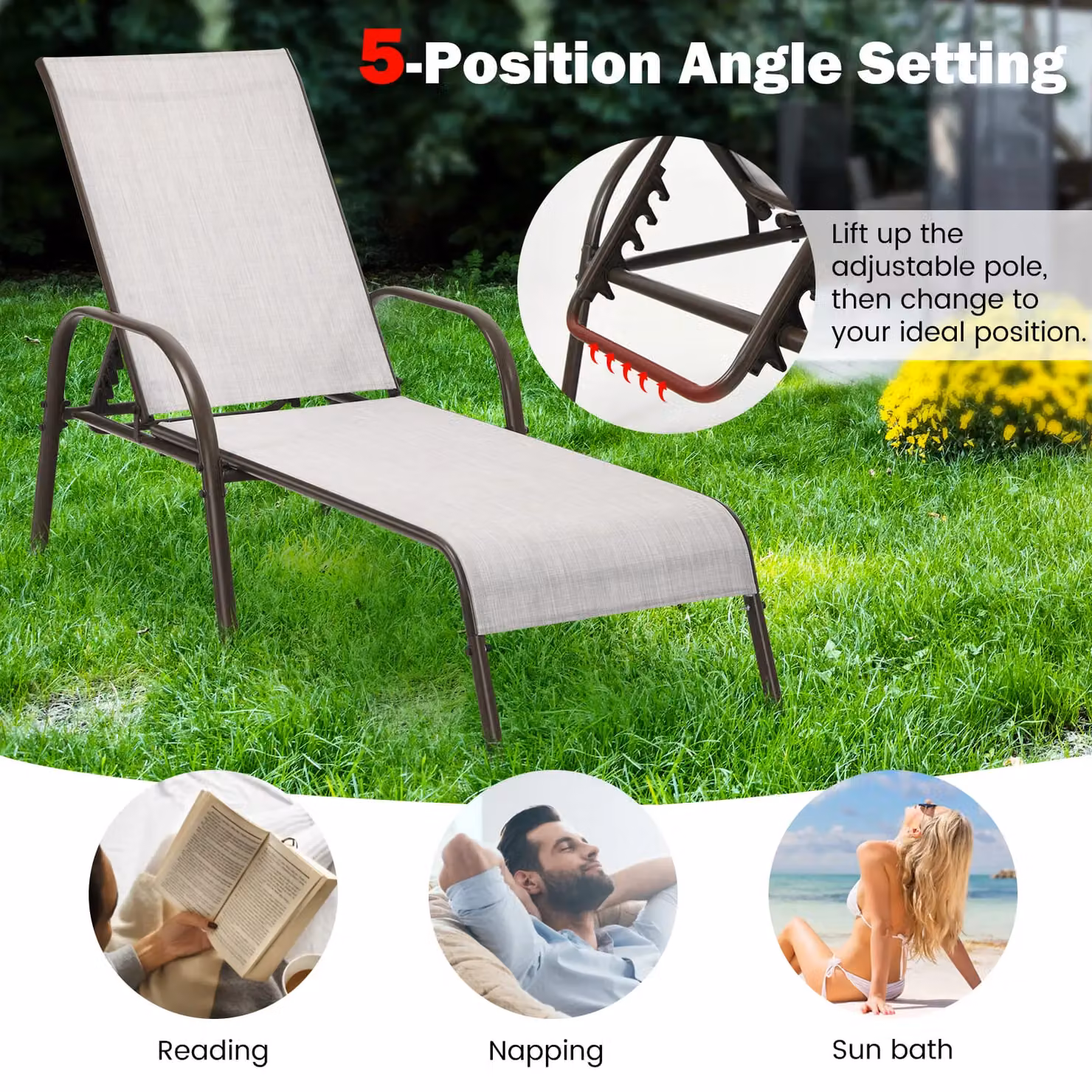 Gymax Grey Folding Chaise Lounge Chair with 5 Adjustable Positions and Textilene Fabric – 7