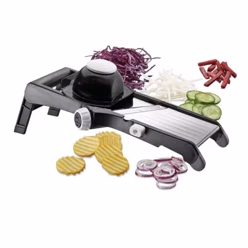 Gefu Multifunction Vegetable Slicer in Silver and Black with Adjustable Thickness and Non-Slip Base