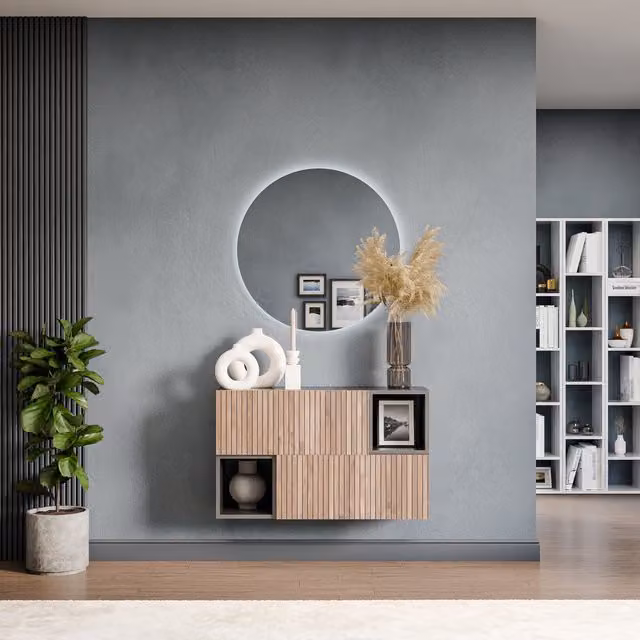 Decorotika Fiko Modern Wall Mounted Entertainment Center in Black and Brown with Striped Pattern