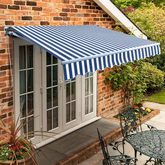 Primrose Manual Wall-Mounted Garden Patio Awning Canopy with Aluminium Frame in Blue and White Maritime Stripe, 5m
