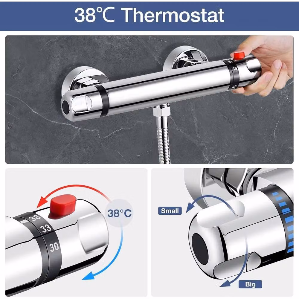 YnysTec Chrome Thermostatic Shower Mixer Bar Valve with 38°C Safety Stop and G1/2 Outlet in Silver – 3