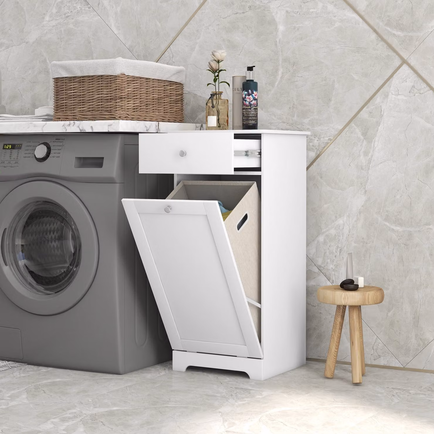 HOMCOM White Bathroom Storage Cabinet with Foldable Laundry Hamper and Drawer – 2
