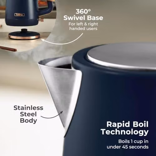 Tower Cavaletto 1.7L Jug Kettle in Midnight Blue and Gold with Stainless Steel Body and Limescale Filter – 7