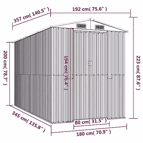 vidaXL Gable Garden Shed in Dark Brown Galvanised Steel, W/D/H: 357 x 192 x 223 cm – 3