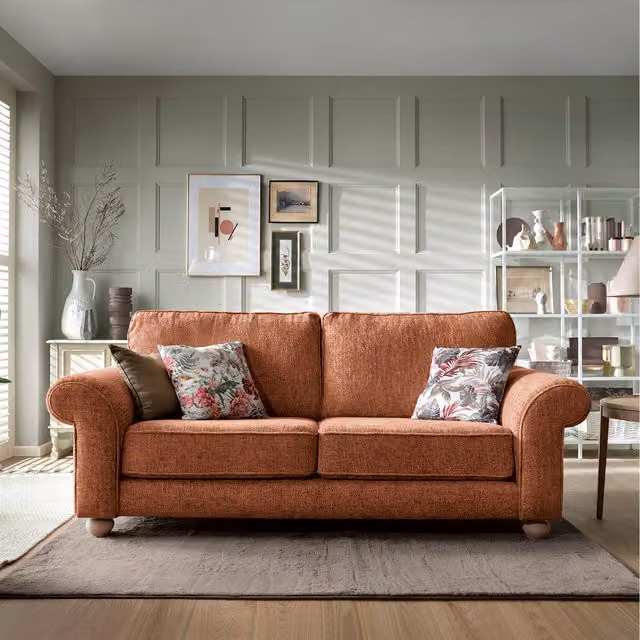 Abakus Direct Ingrid 3 Seater Upholstered Fabric Sofa in Orange with Scatter Cushions