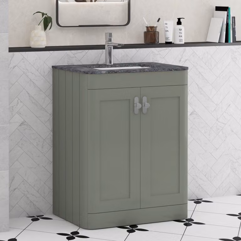 Royal Bathrooms Henley 600mm Sage Green Floor Standing 2 Door Bathroom Vanity Unit with Black Stone Top and Chrome Knob