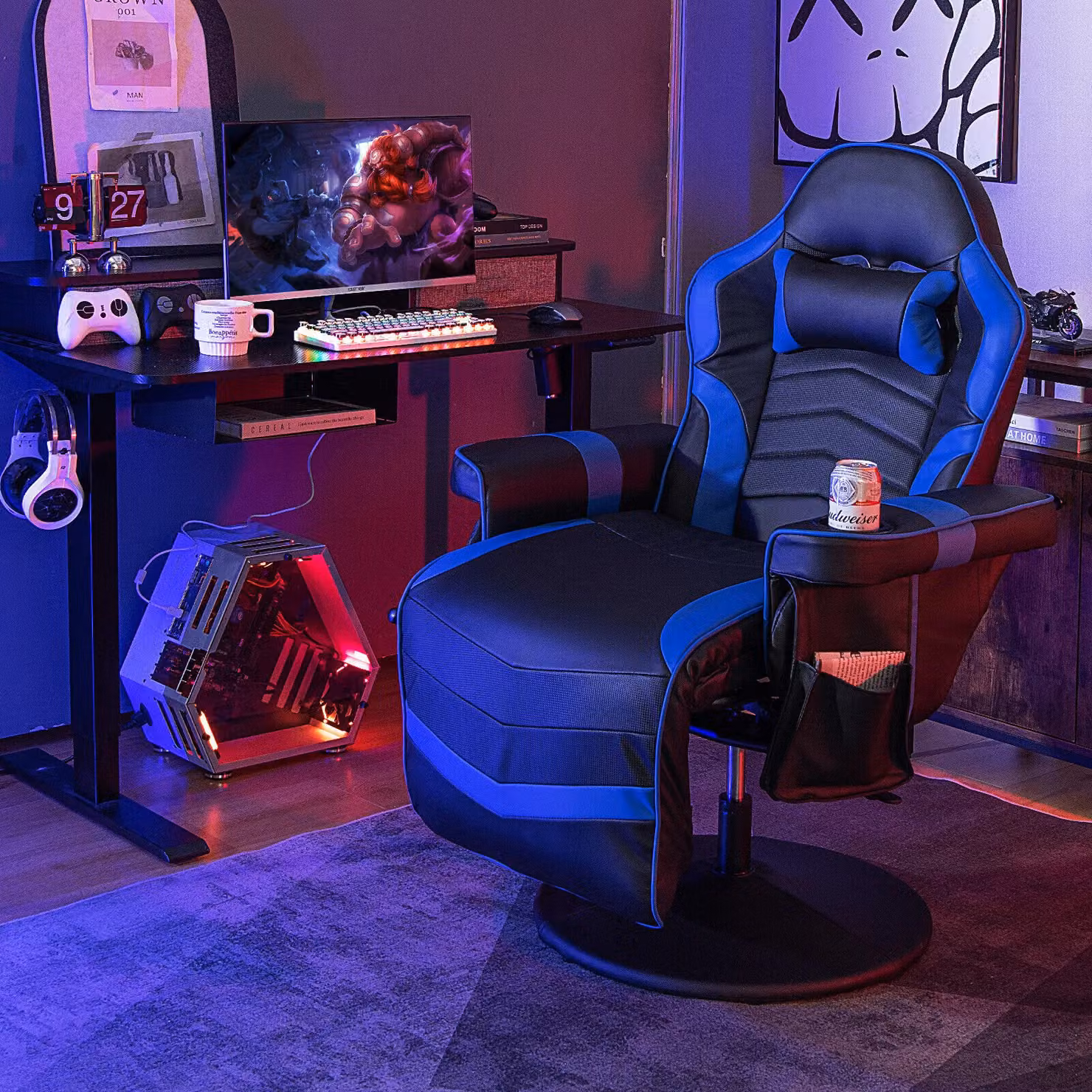 Gymax Blue PU Leather Massage Gaming Chair with Adjustable Height, Swivel Recliner and Headrest – 3
