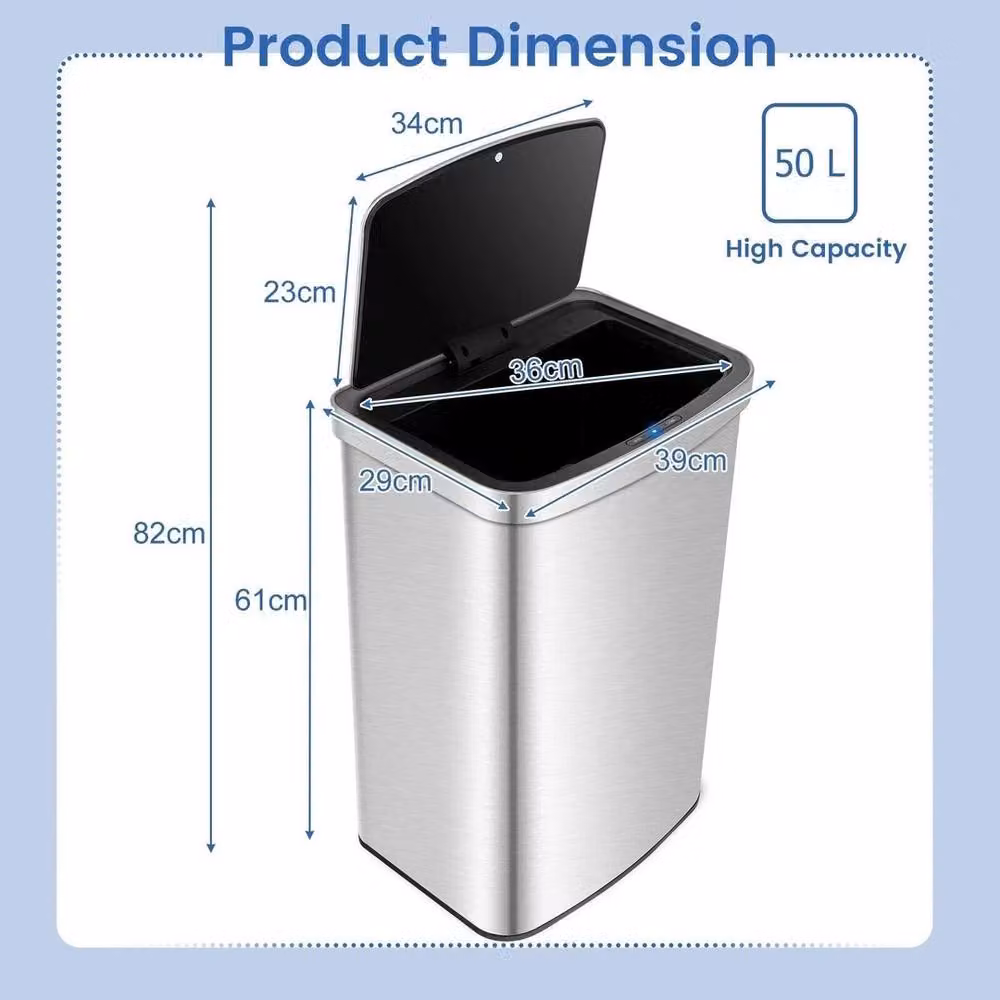 VOGREX 50L Rectangular Motion Sensor Trash Can in Silver – 2