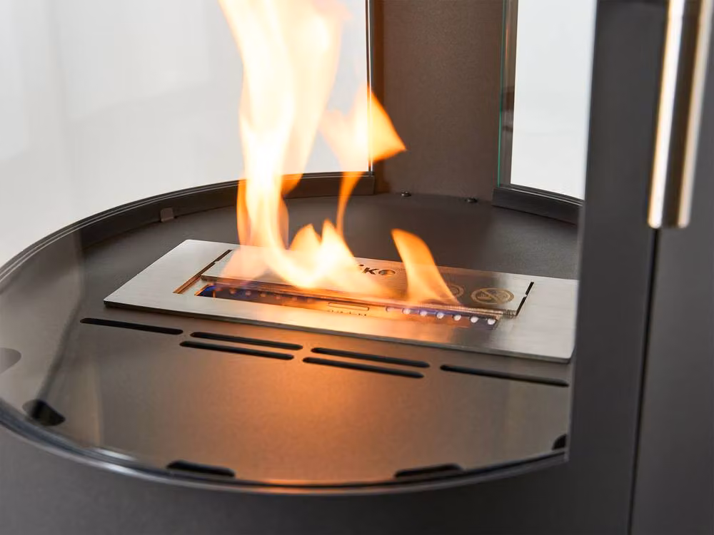 OKO S7 Bio Ethanol Panoramic Stove with Log Storage and Extra Tall Metal Pipe in Dark Grey – 8