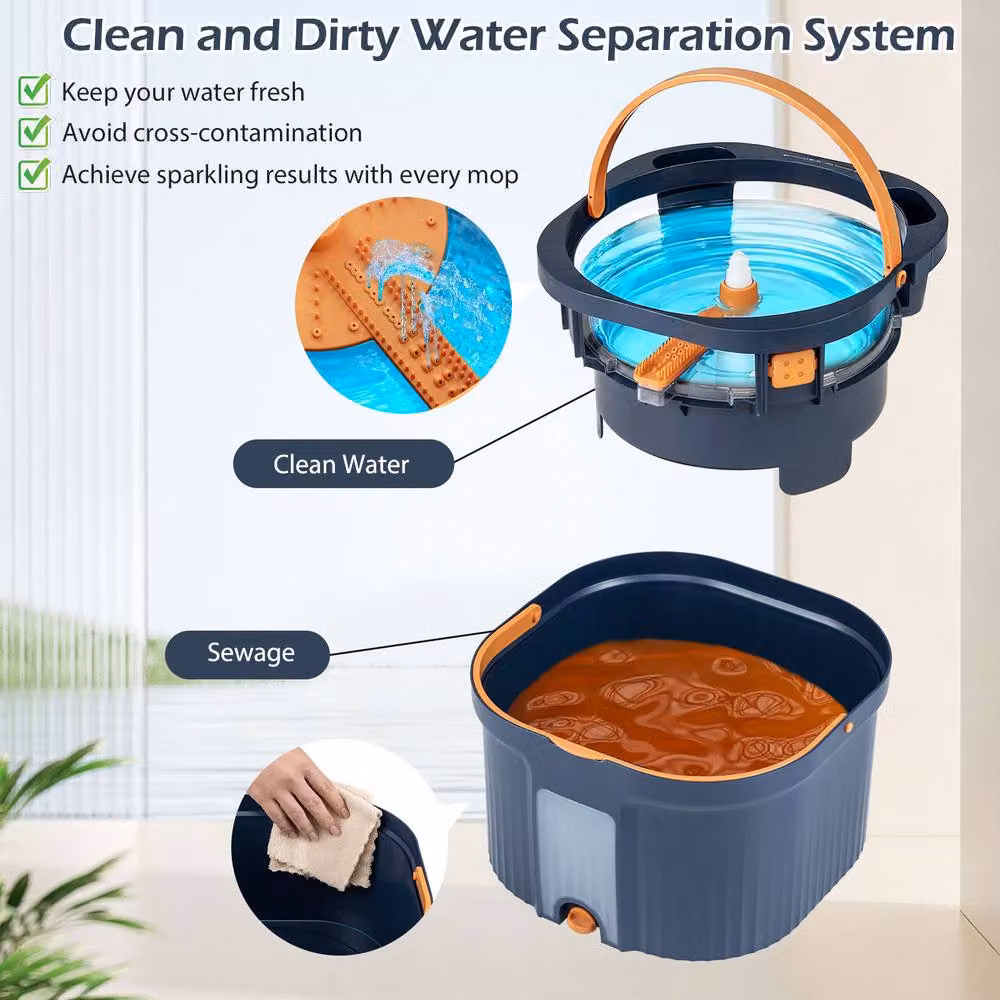 Costway Mop and Bucket Set with Wringer and 8 Microfibre Pads in Blue – 4
