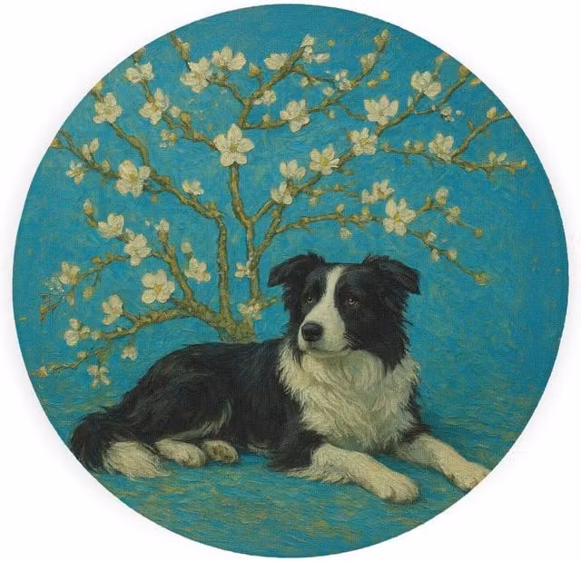 Purely Home Van Gogh Border Collie Textured Glass Round Trivet in Blue