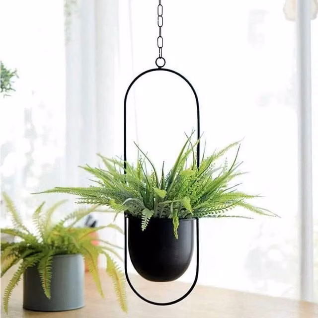 FORGEVIO Modern Geometric Oval Hanging Planter in Black Metal